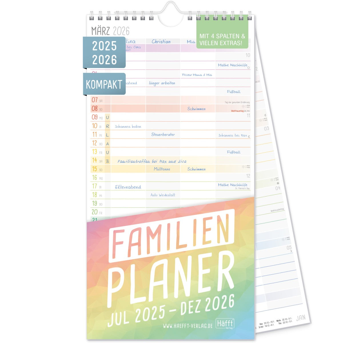 Familienplaner 2025/2026 Kompakt / 18 Monate / 4-spaltig / Rainbow / Häfft-Verlag