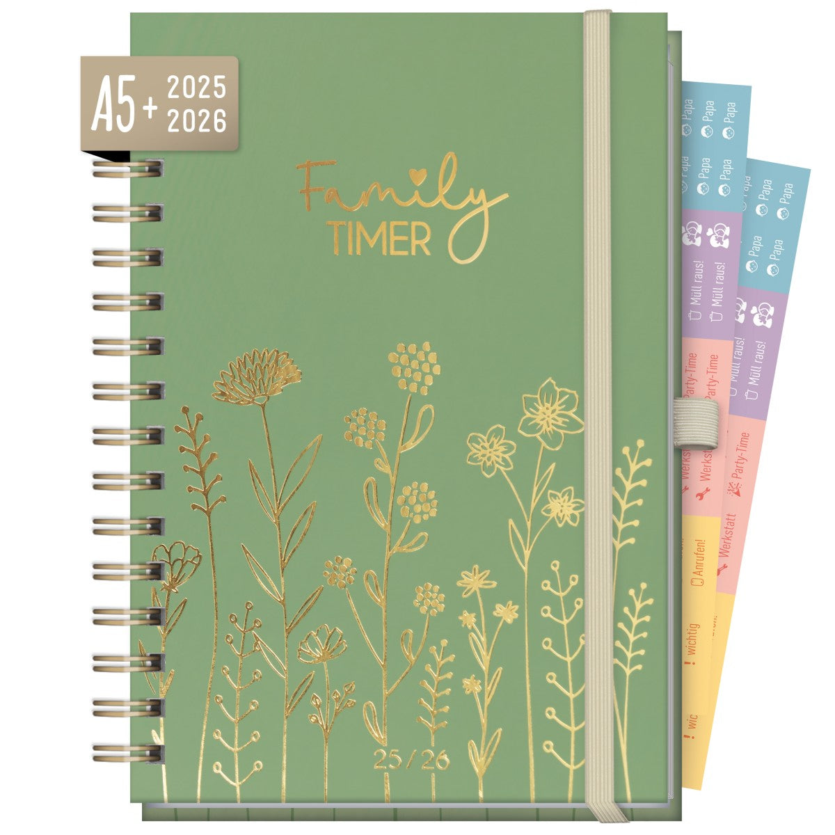 Family-Timer 2025/2026 Deluxe / 18 Monate / Fine Flowers Green / Häfft Verlag