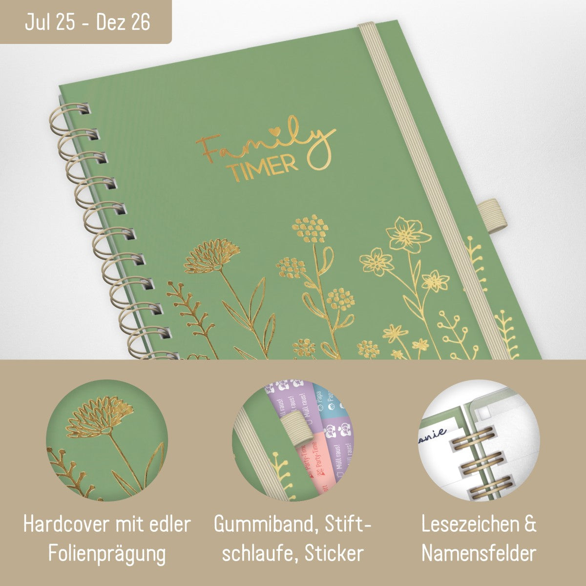 Family-Timer 2025/2026 Deluxe / 18 Monate / Fine Flowers Green / Häfft Verlag
