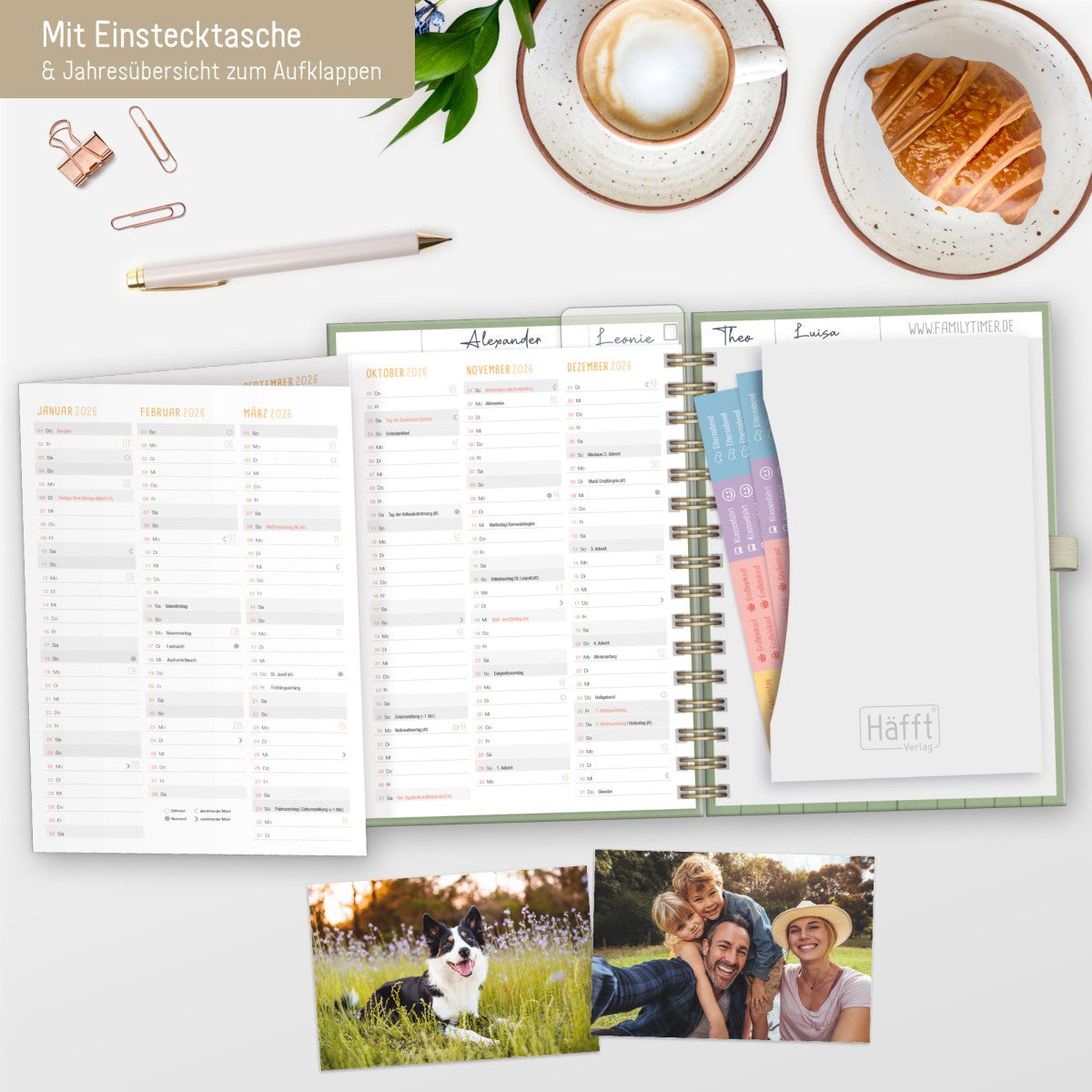 Family-Timer 2025/2026 Deluxe / 18 Monate / Fine Flowers Green / Häfft Verlag