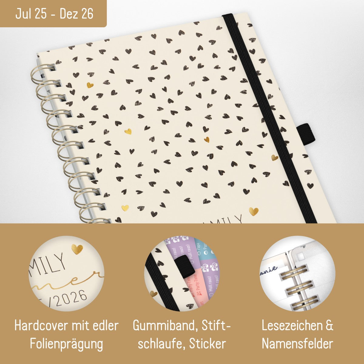 Family-Timer 2025/2026 Deluxe / 18 Monate / Golden Hearts / Häfft-Verlag