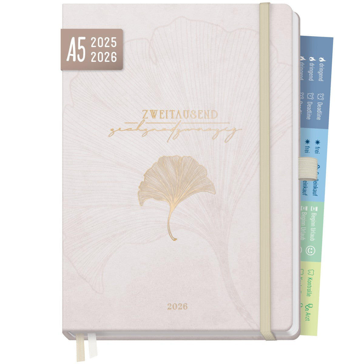 Chäff-Timer Premium 2025/2026 / 18 Monate / A5 / Beige Ginkgo / Häfft-Verlag