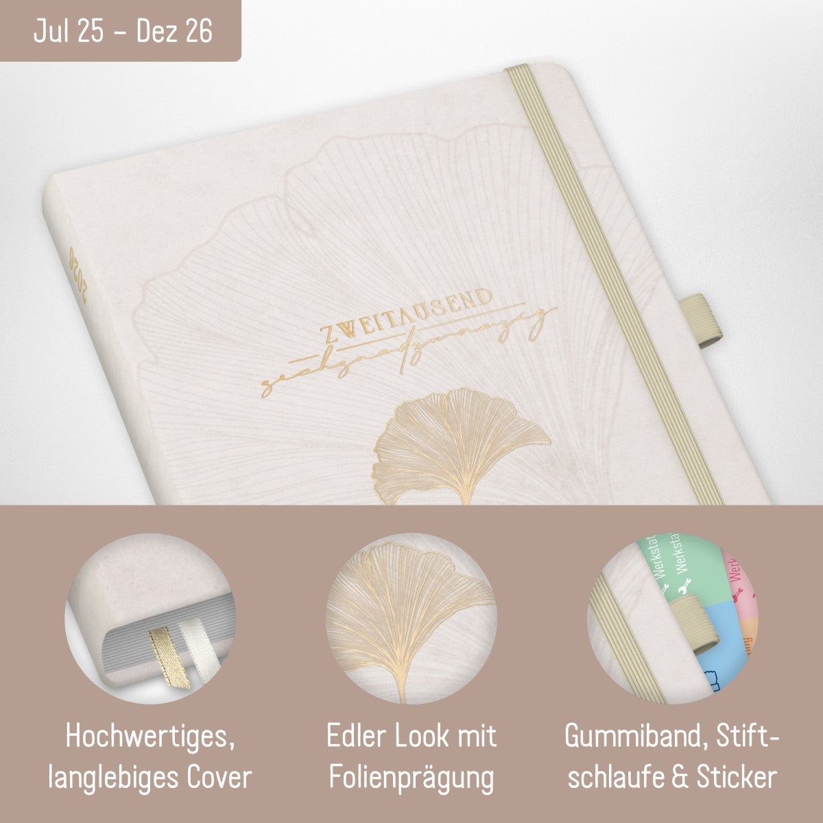 Chäff-Timer Premium 2025/2026 / 18 Monate / A5 / Beige Ginkgo / Häfft-Verlag