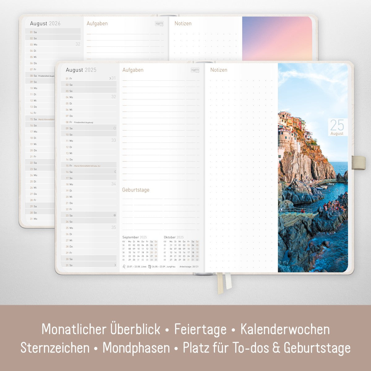 Chäff-Timer Premium 2025/2026 / 18 Monate / A5 / Beige Ginkgo / Häfft-Verlag