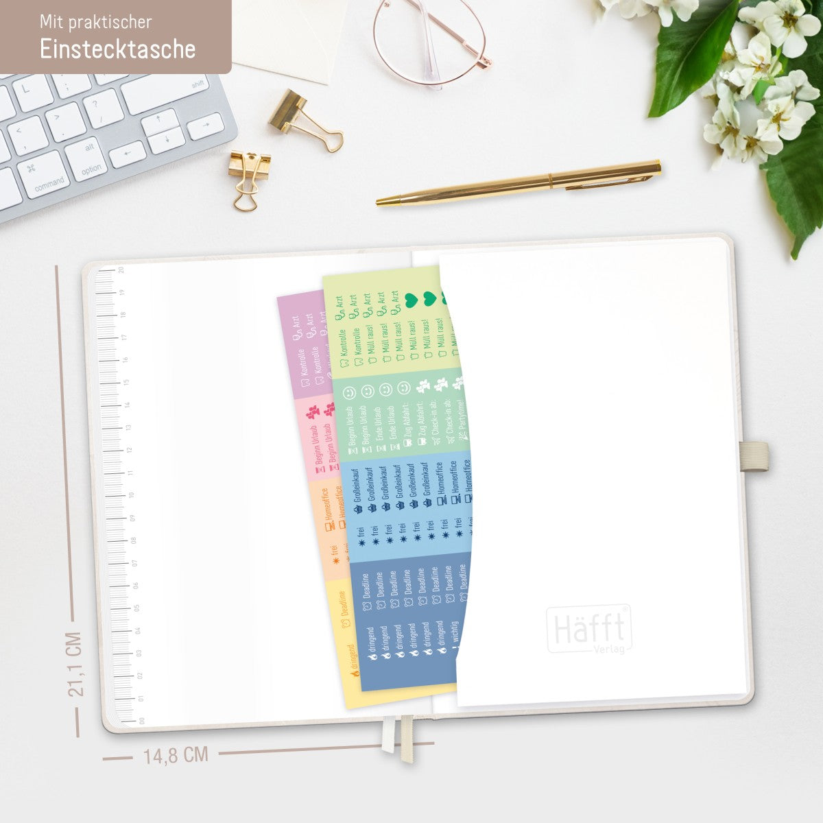 Chäff-Timer Premium 2025/2026 / 18 Monate / A5 / Beige Ginkgo / Häfft-Verlag
