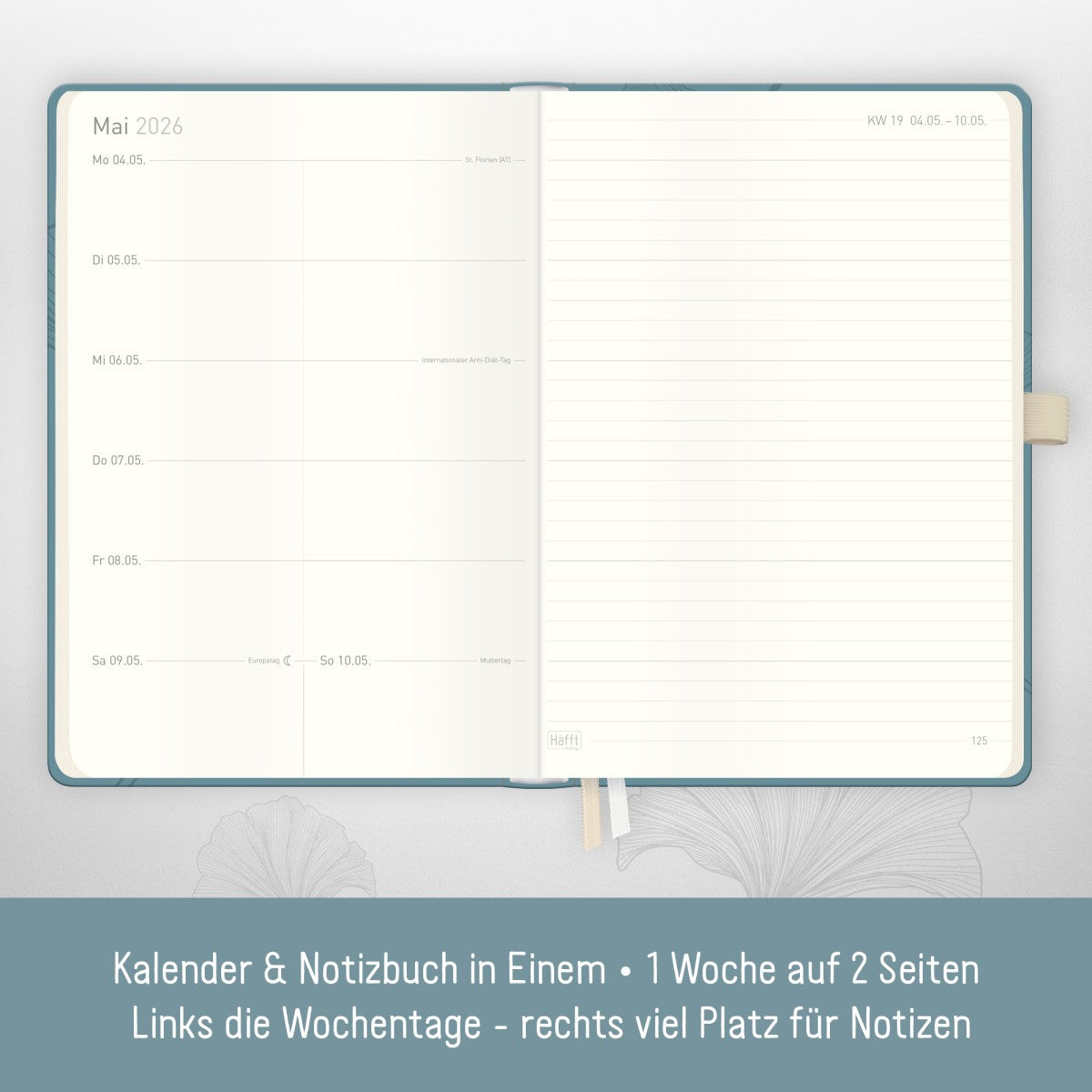 Wochen-Notiz-Timer Classic 2025/2026 / 18 Monate / A5 / Blue Ginkgo / Häfft Verlag
