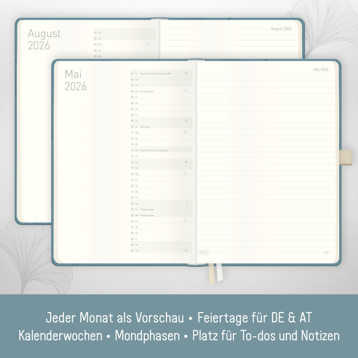 Wochen-Notiz-Timer Classic 2025/2026 / 18 Monate / A5 / Blue Ginkgo / Häfft Verlag