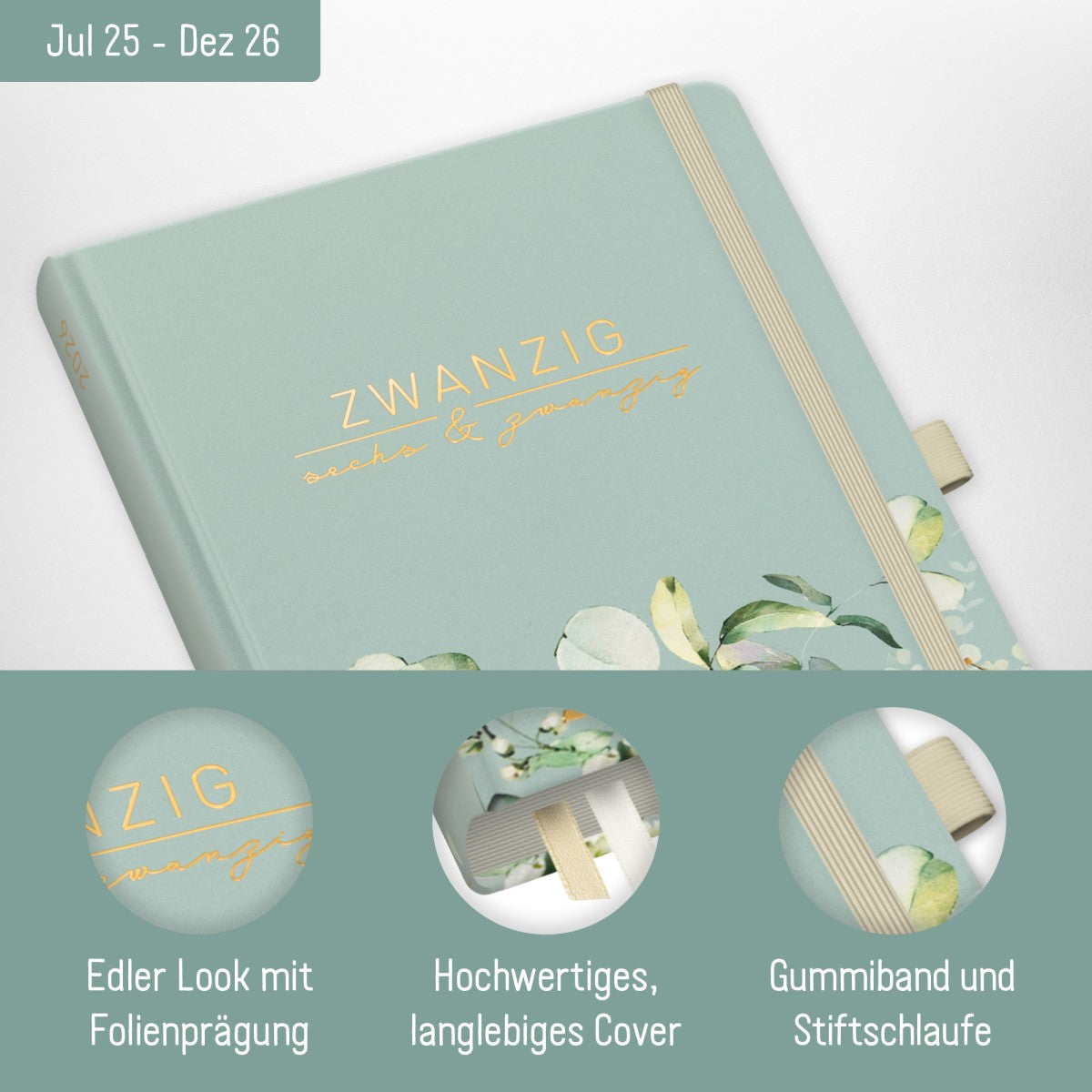 Wochen-Notiz-Timer Classic 2025/2026 / 18 Monate / A5 / Minty Leaves / Häfft Verlag