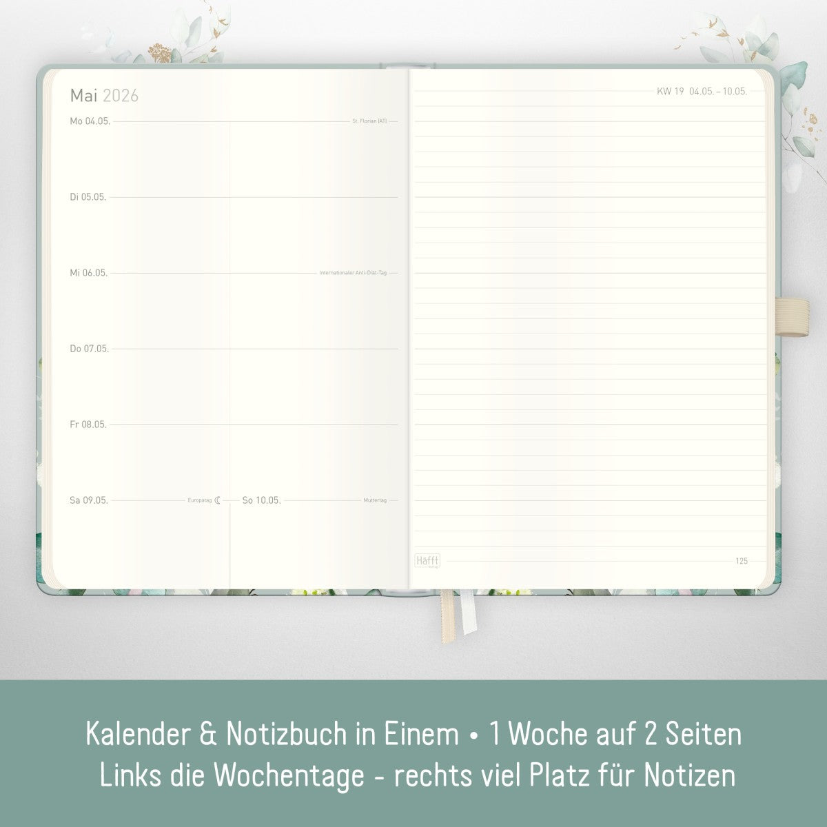 Wochen-Notiz-Timer Classic 2025/2026 / 18 Monate / A5 / Minty Leaves / Häfft Verlag