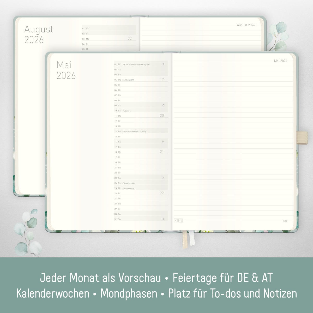 Wochen-Notiz-Timer Classic 2025/2026 / 18 Monate / A5 / Minty Leaves / Häfft Verlag