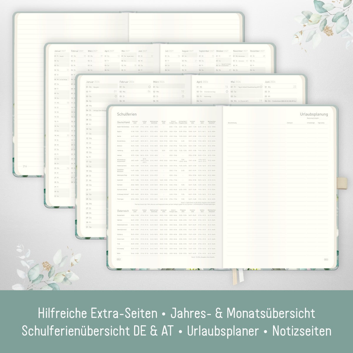 Wochen-Notiz-Timer Classic 2025/2026 / 18 Monate / A5 / Minty Leaves / Häfft Verlag