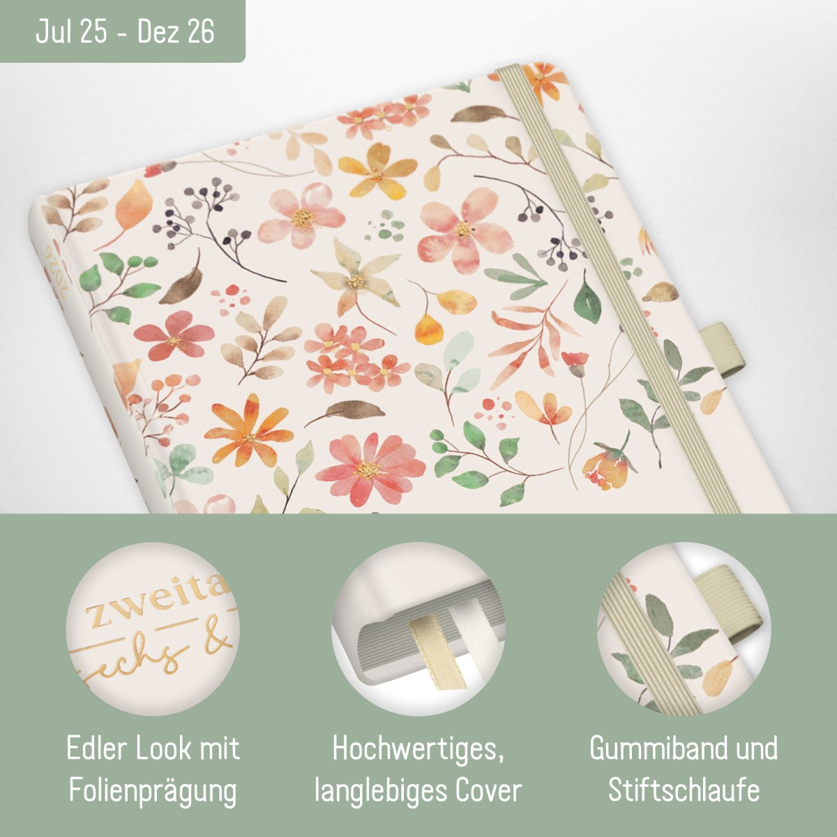 Wochen-Notiz-Timer Classic 2025/2026 / 18 Monate / A5 / Wild Blossoms / Häfft Verlag