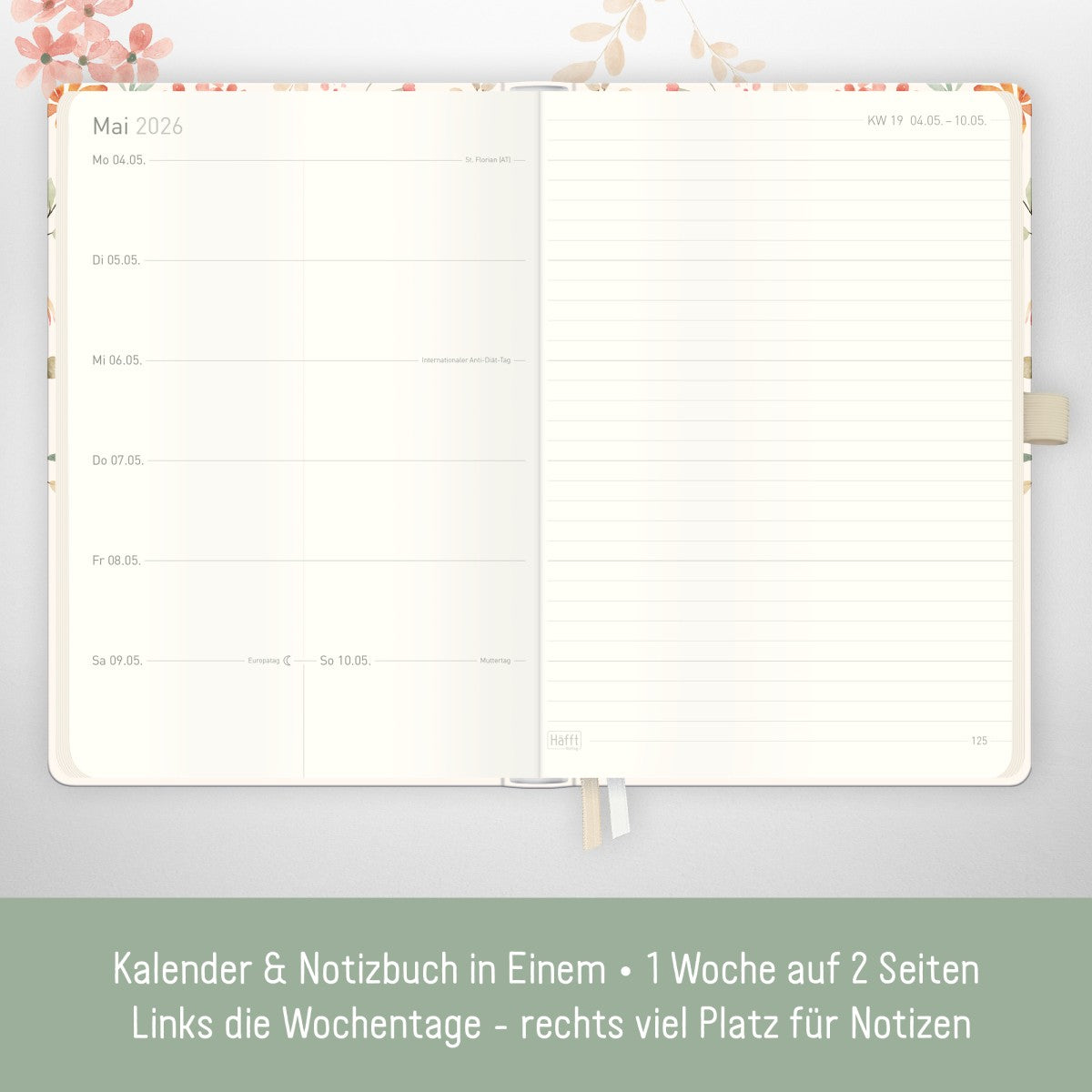 Wochen-Notiz-Timer Classic 2025/2026 / 18 Monate / A5 / Wild Blossoms / Häfft Verlag