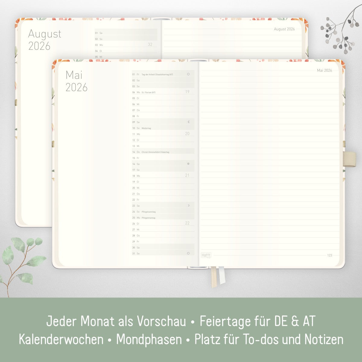 Wochen-Notiz-Timer Classic 2025/2026 / 18 Monate / A5 / Wild Blossoms / Häfft Verlag