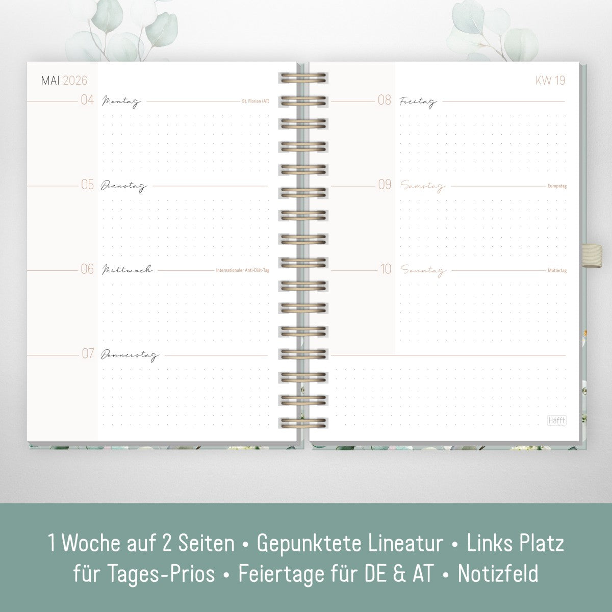 Lieblings-Timer Deluxe 2025/2026 / Ringbuch-Kalender / Minty Leaves / Häfft-Verlag