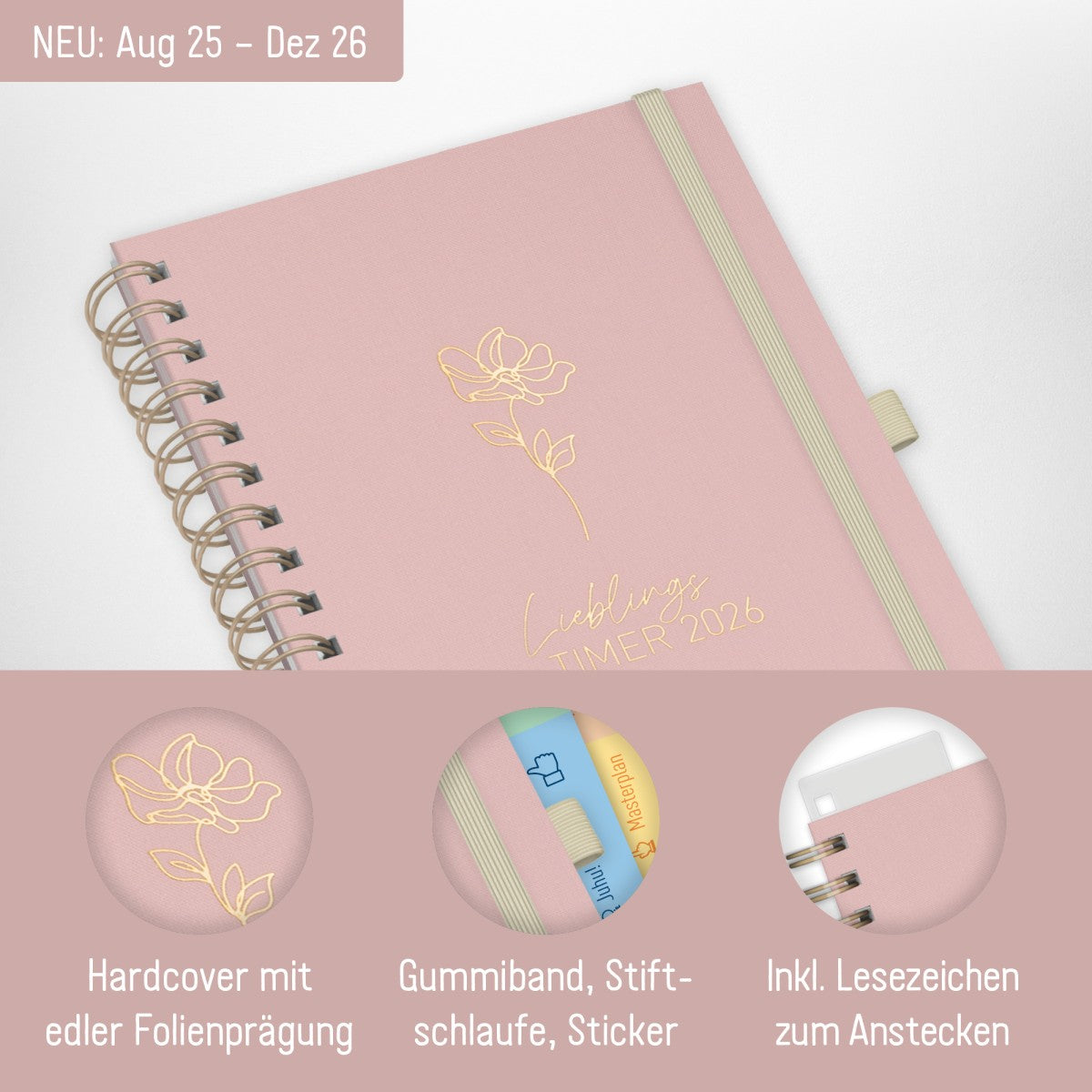 Lieblings-Timer Deluxe 2025/2026 / Ringbuch-Kalender / Rosé Canvas / Häfft-Verlag