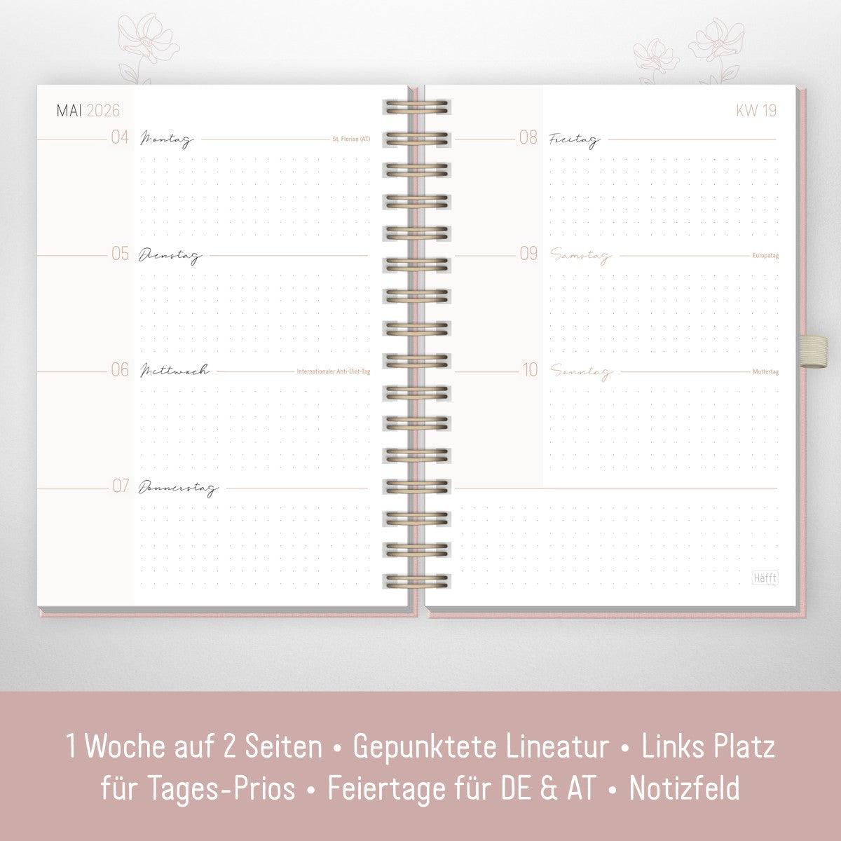 Lieblings-Timer Deluxe 2025/2026 / Ringbuch-Kalender / Rosé Canvas / Häfft-Verlag