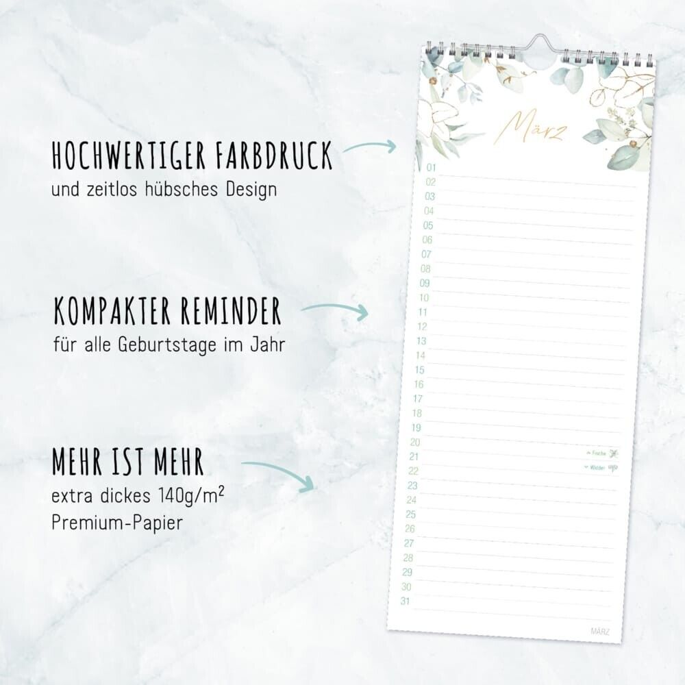 Häfft Geburtstagsplaner / Wandkalender / Kompakt 30x12 cm / Blattgold