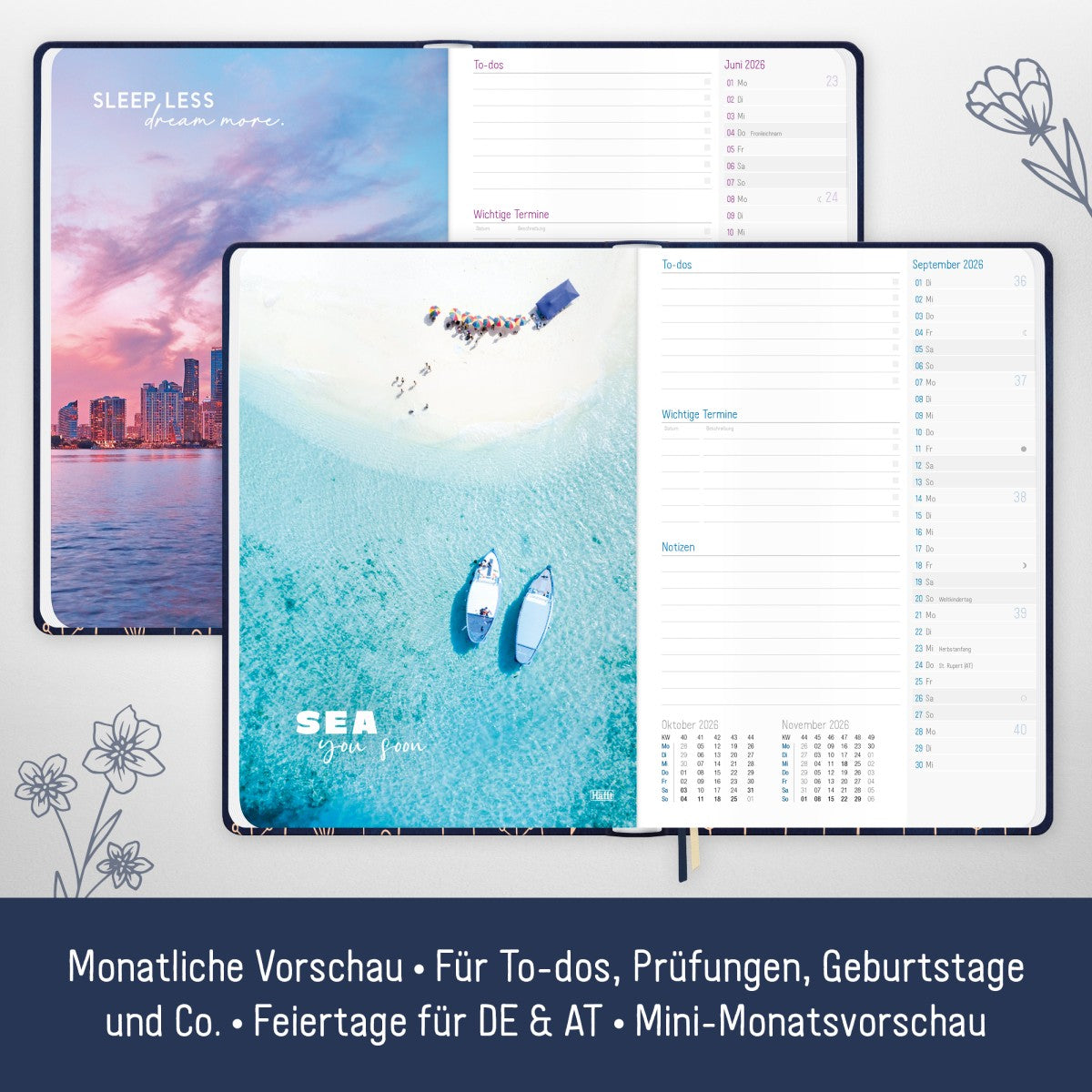 Häfft-Timer 2025/2026 / Jugendkalender / A5 / Fine Flowers night blue