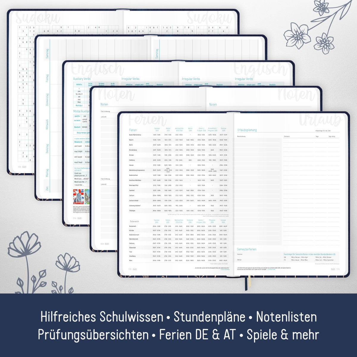 Häfft-Timer 2025/2026 / Jugendkalender / A5 / Fine Flowers night blue