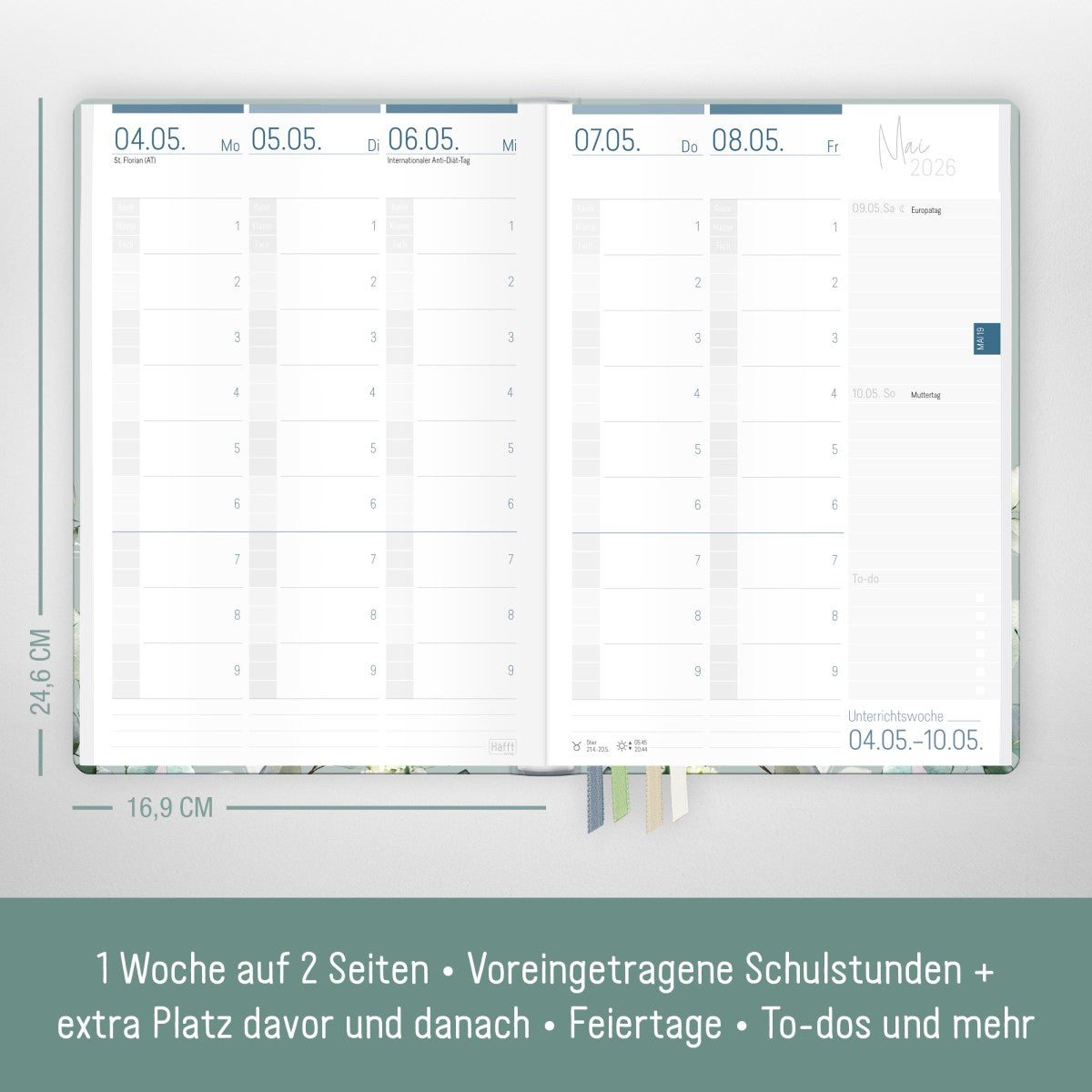 Häfft Lehrer-Planer 2025/2026 / A5+ / Minty Leaves