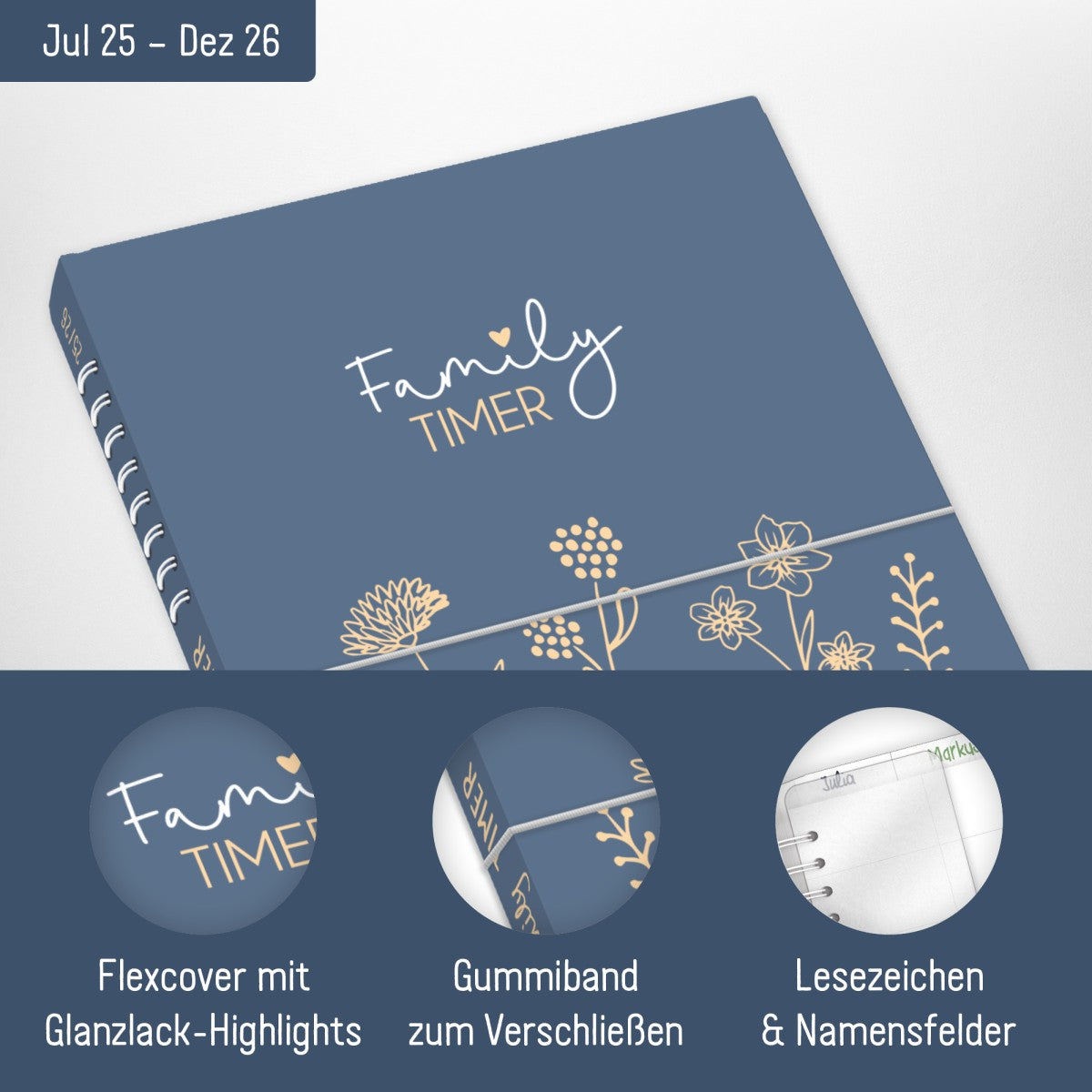 Family-Timer 2025/2026 / 18 Monate / Fine Flowers Blue / Häfft Verlag