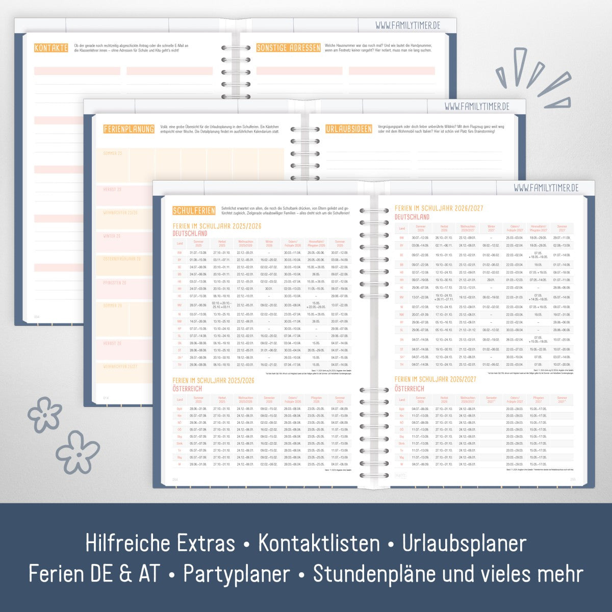 Family-Timer 2025/2026 / 18 Monate / Fine Flowers Blue / Häfft Verlag