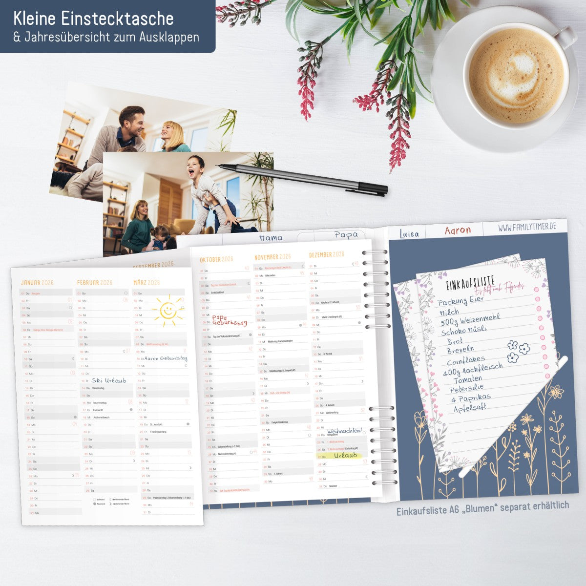 Family-Timer 2025/2026 / 18 Monate / Fine Flowers Blue / Häfft Verlag