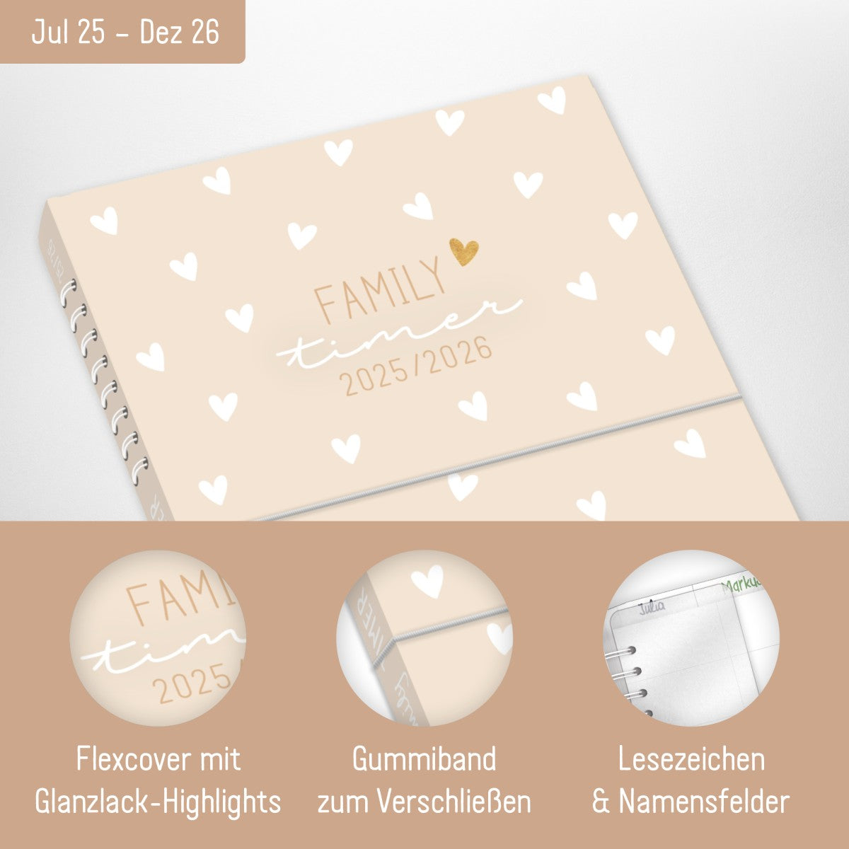 Family-Timer 2025/2026 / 18 Monate / Lovely Hearts / Häfft Verlag
