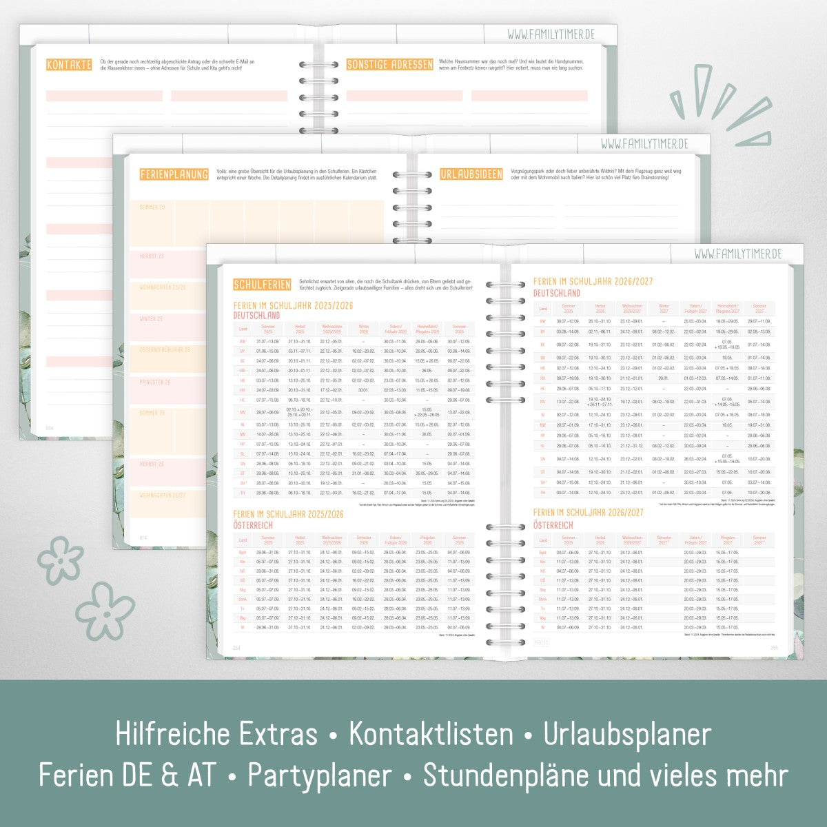 Family-Timer 2025/2026 / 18 Monate / Minty Leaves / Häfft Verlag
