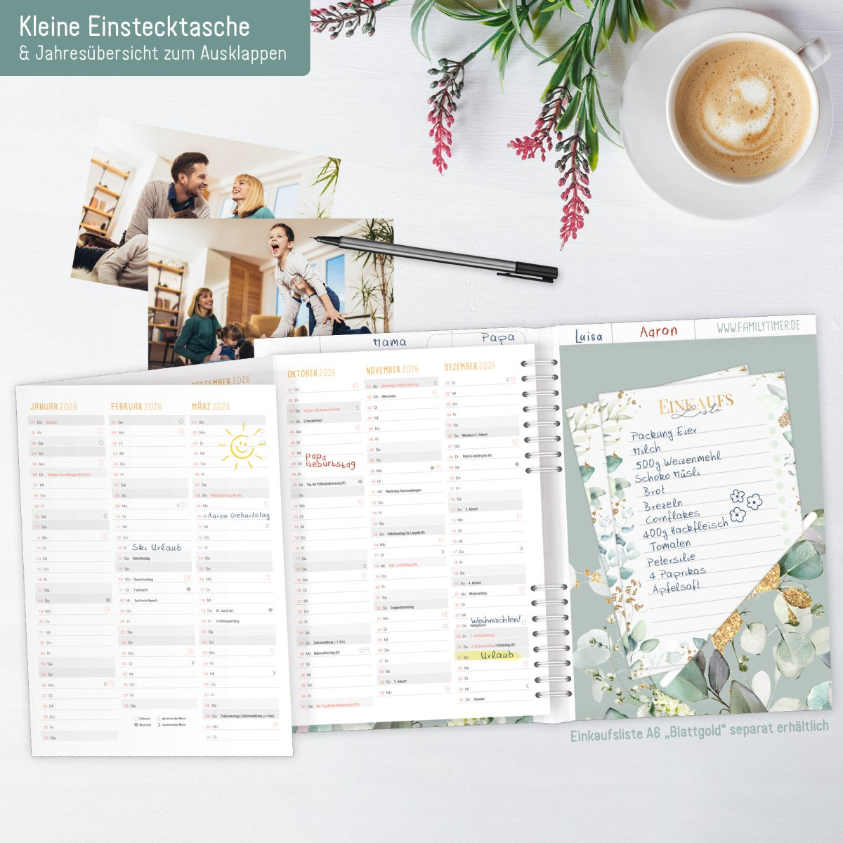 Family-Timer 2025/2026 / 18 Monate / Minty Leaves / Häfft Verlag