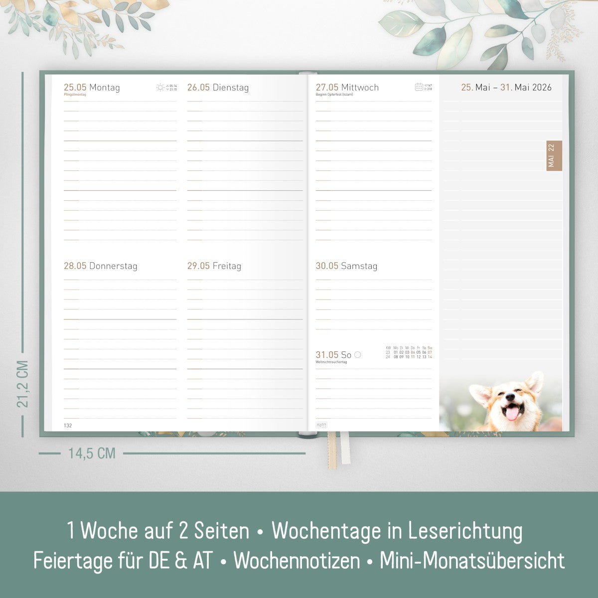 Chäff-Timer Classic 2025/2026 / 18 Monate / A5 / Shiny Leaves / Häfft Verlag