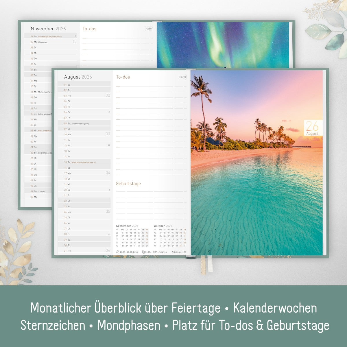 Chäff-Timer Classic 2025/2026 / 18 Monate / A5 / Shiny Leaves / Häfft Verlag