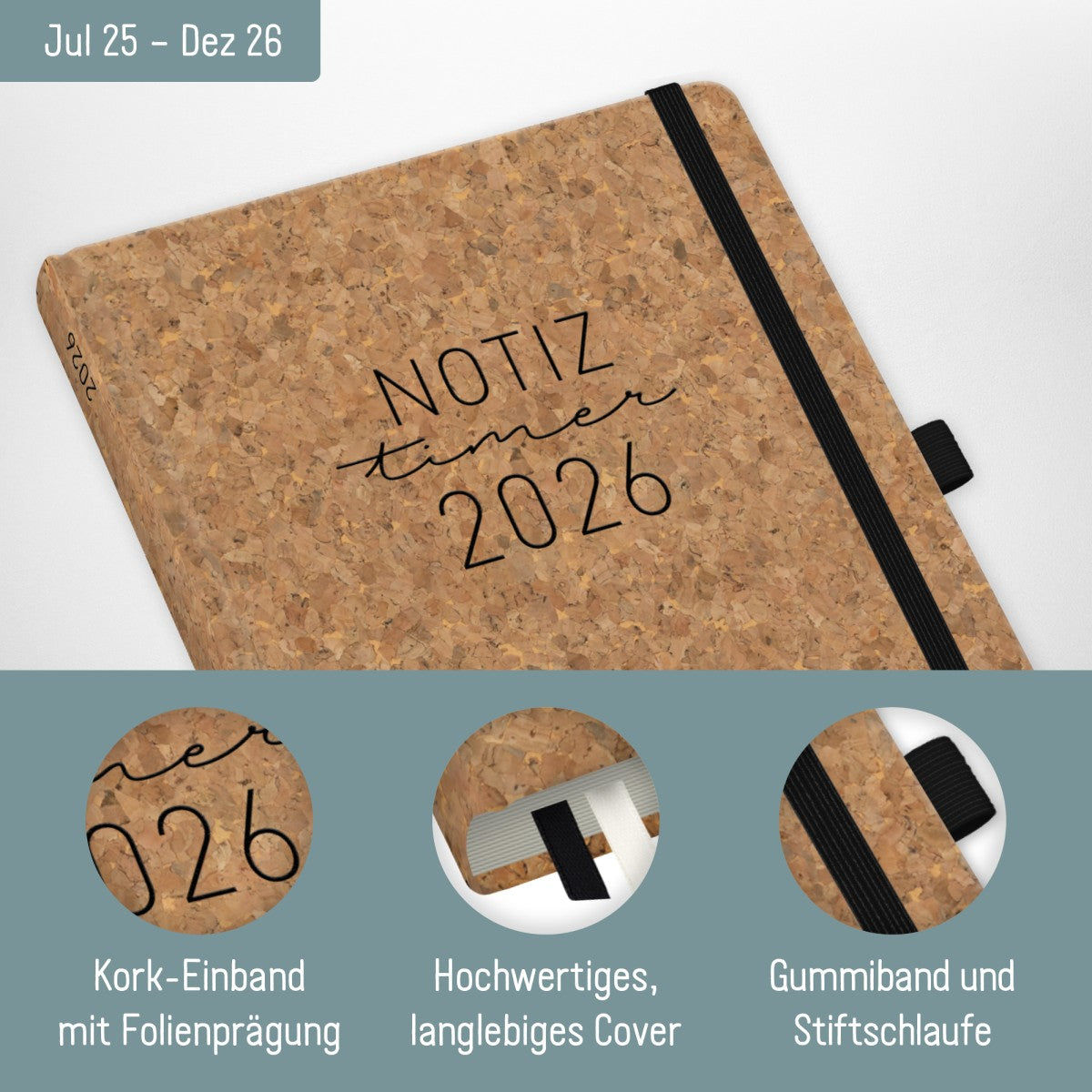 Wochen-Notiz-Timer Classic 2025/2026 / 18 Monate / A5 / Kork / Häfft Verlag