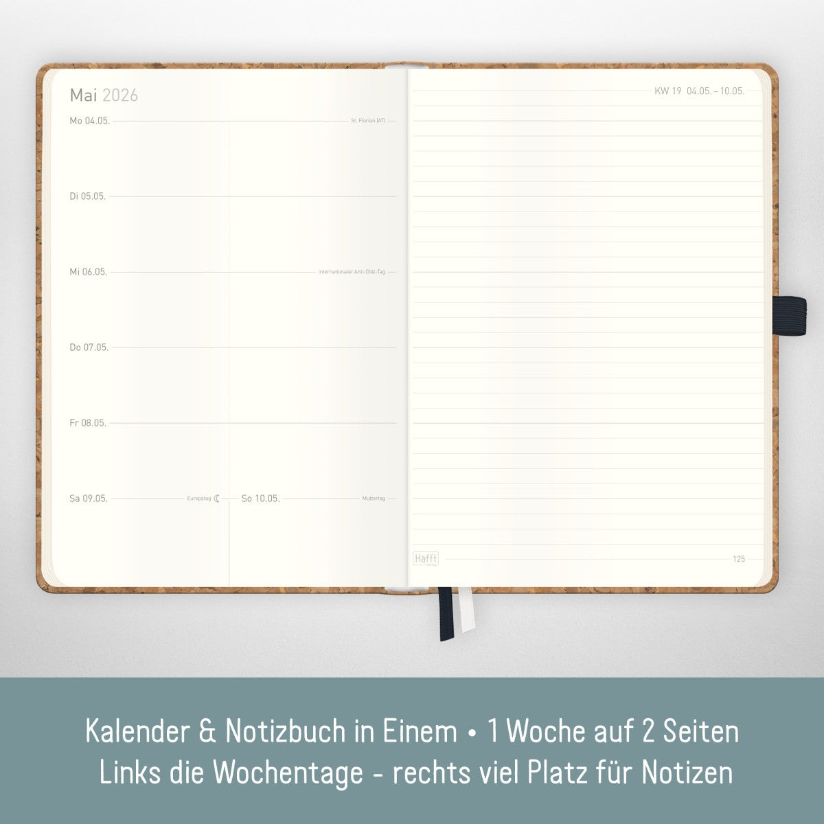 Wochen-Notiz-Timer Classic 2025/2026 / 18 Monate / A5 / Kork / Häfft Verlag