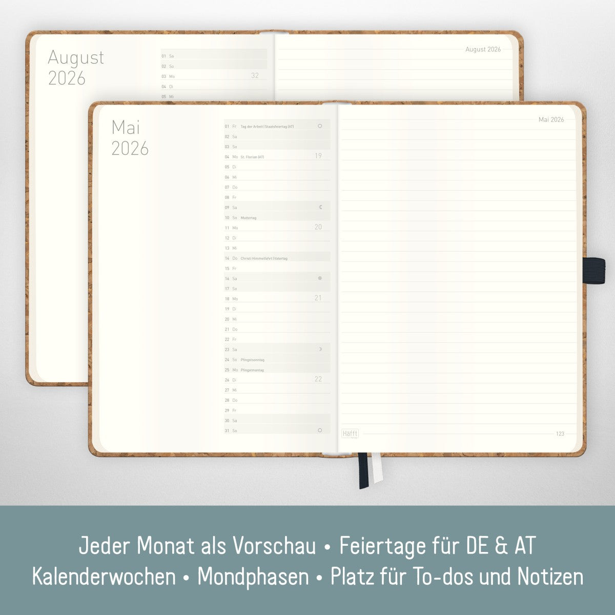Wochen-Notiz-Timer Classic 2025/2026 / 18 Monate / A5 / Kork / Häfft Verlag
