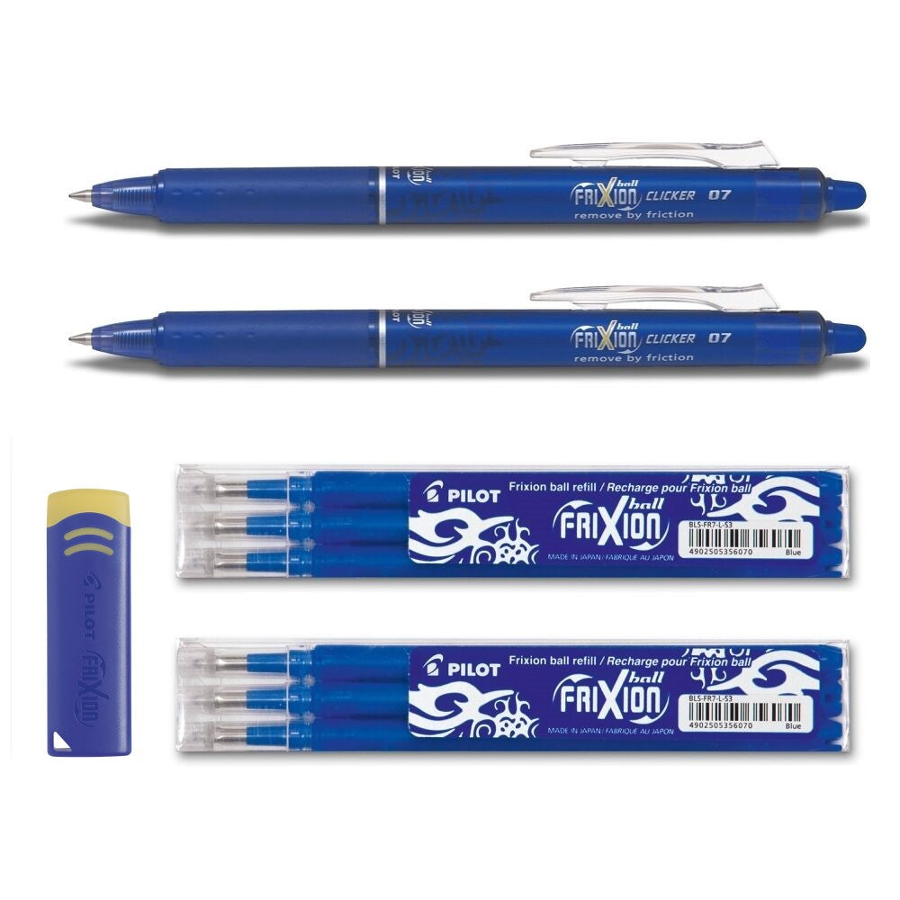 2 Pilot Frixion Clicker 0.7 blau + 6 Ersatzminen 0.7 blau + Radierer gratis