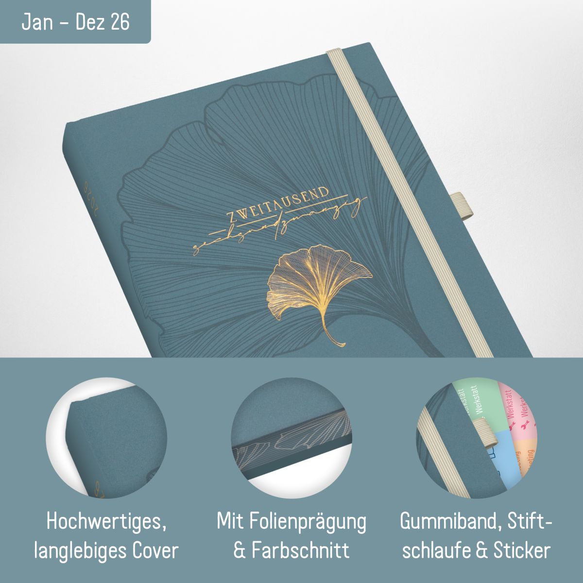 Business-Timer Deluxe 2026 / A5 / Blue Ginkgo / Häfft-Verlag