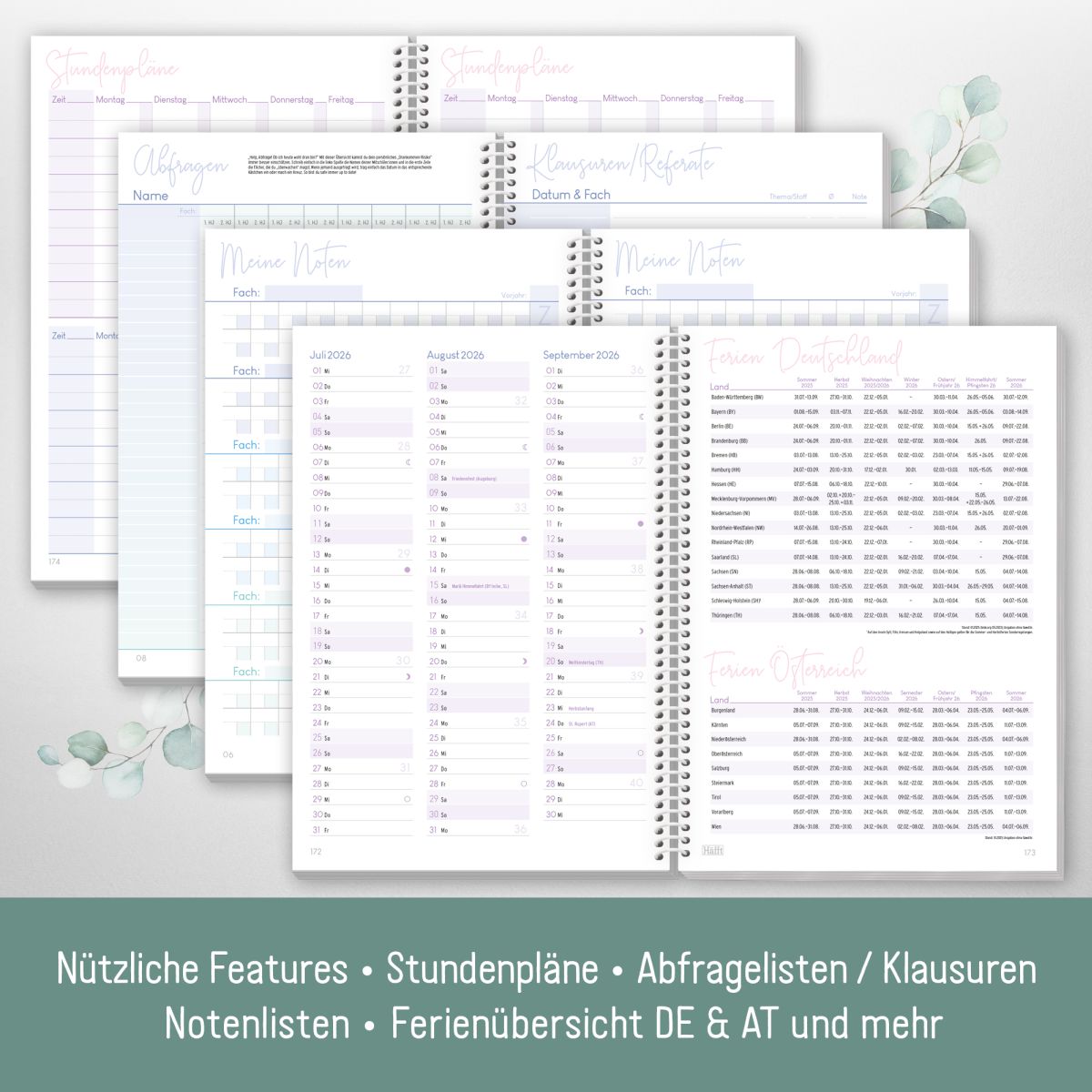 College-Timer Deluxe 2025/2026 / Schülerkalender / A5 / Minty Leaves / Häfft-Verlag