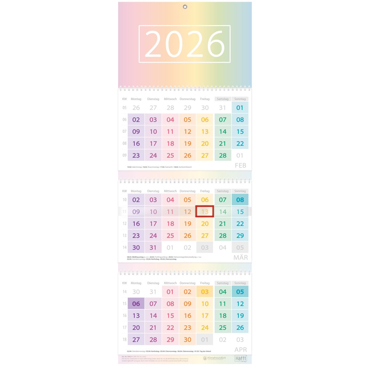 Drei-Monatskalender 2026 Wandkalender / Rainbow / Häfft-Verlag