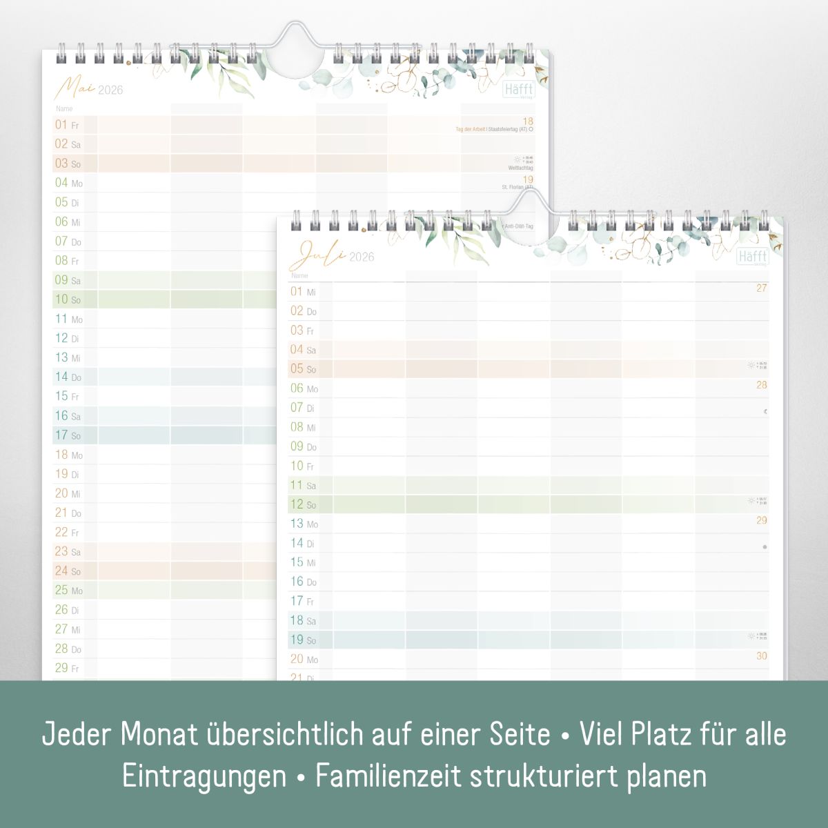 Familienplaner 2026 Kompakt 6-spaltig / Blattgold / Häfft-Verlag