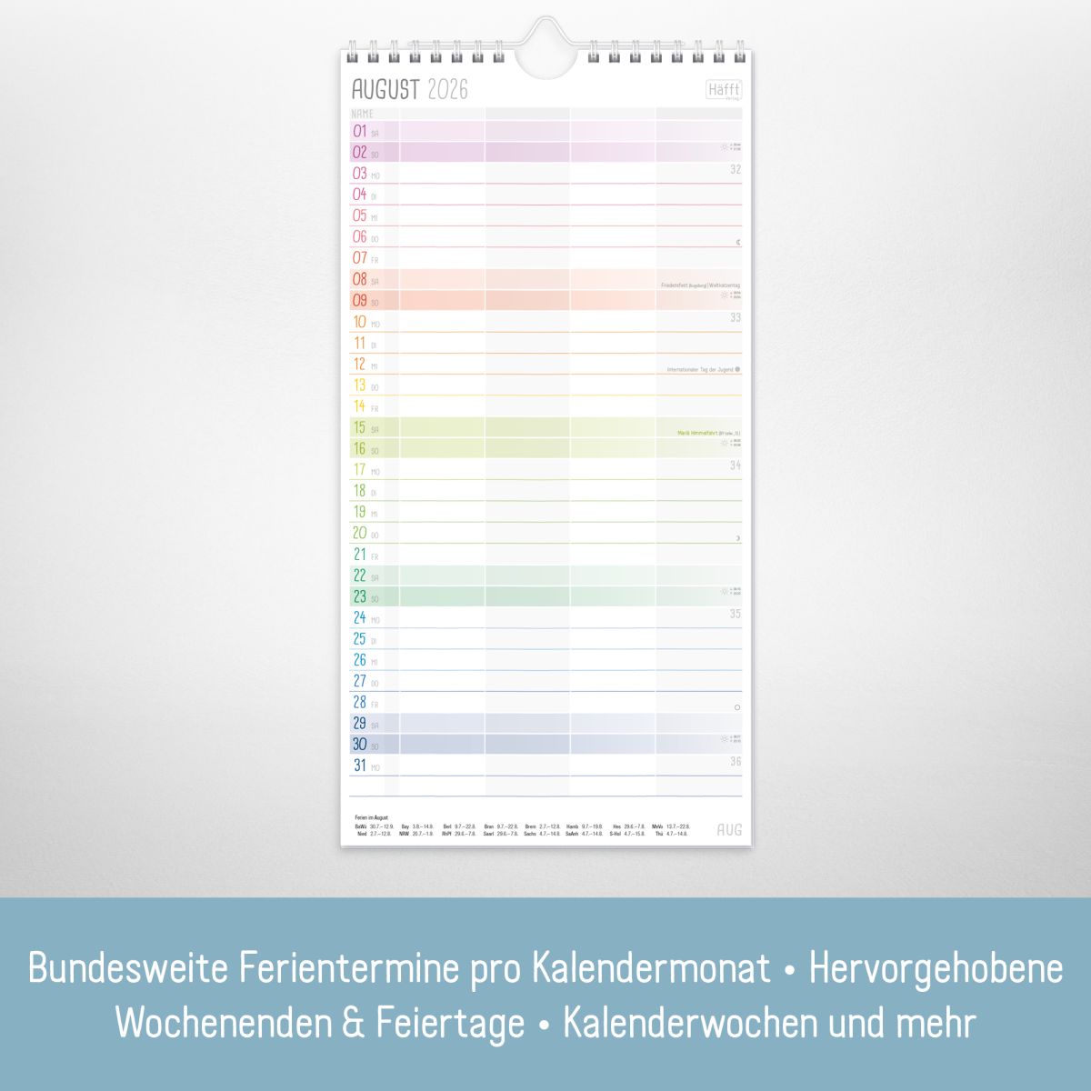 Familienplaner 2026 Kompakt 4-spaltig / Rainbow / Häfft-Verlag