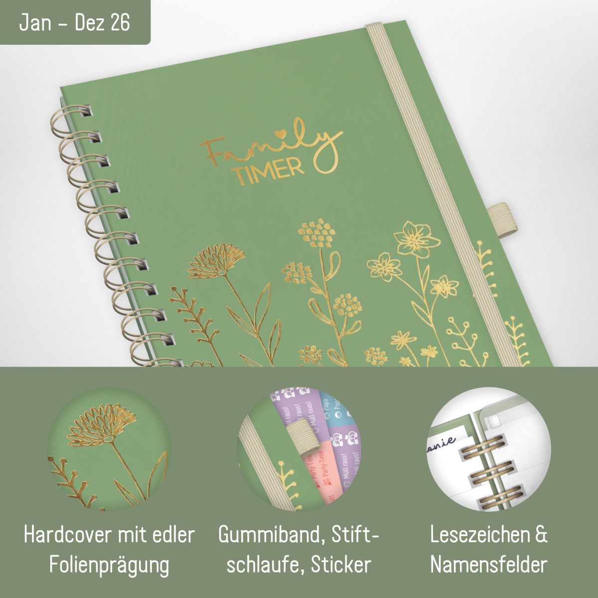 Family-Timer 2026 Deluxe / A5+ / Fine Flowers green / Häfft-Verlag