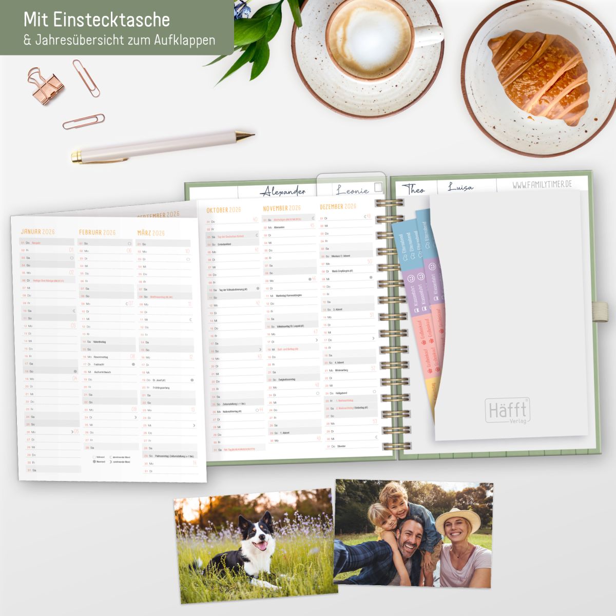Family-Timer 2026 Deluxe / A5+ / Fine Flowers green / Häfft-Verlag