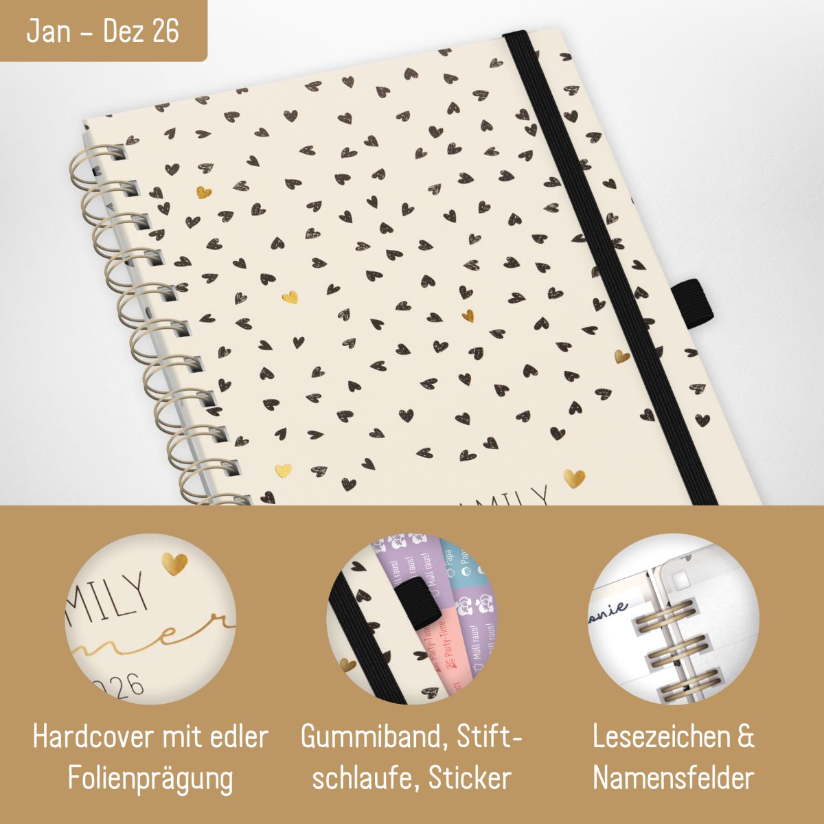 Family-Timer 2026 Deluxe / A5+ / Golden Hearts / Häfft-Verlag