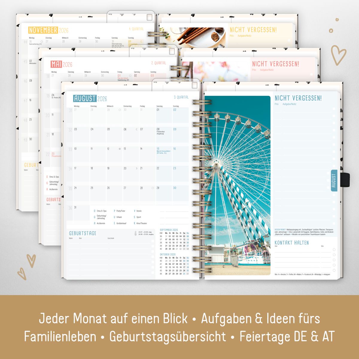 Family-Timer 2026 Deluxe / A5+ / Golden Hearts / Häfft-Verlag