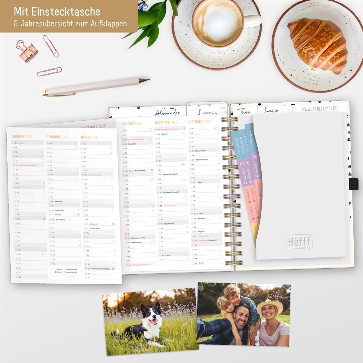 Family-Timer 2026 Deluxe / A5+ / Golden Hearts / Häfft-Verlag