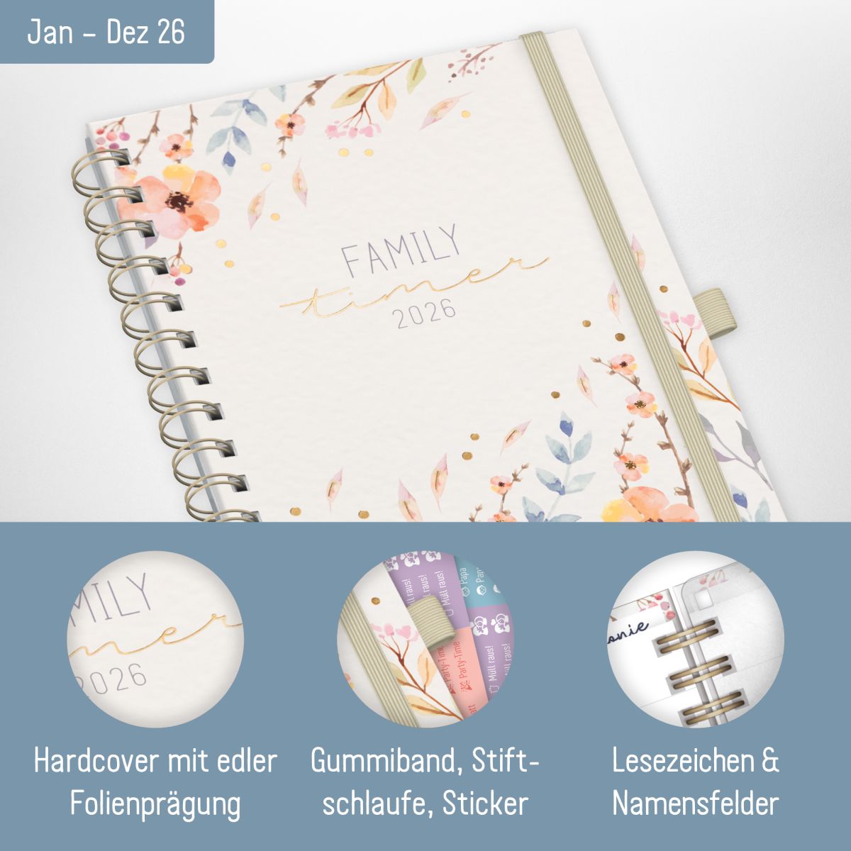 Family-Timer 2026 Deluxe / A5+ / Sweet Flowers / Häfft-Verlag