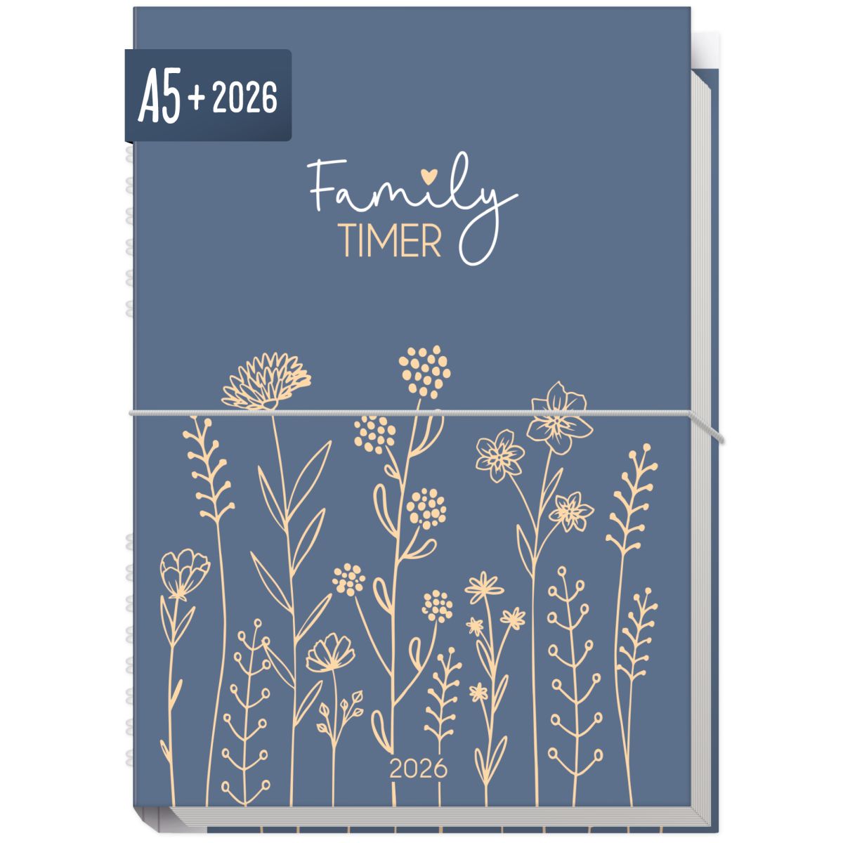 Family-Timer 2026 / A5+ / Fine Flowers Blue / Häfft-Verlag