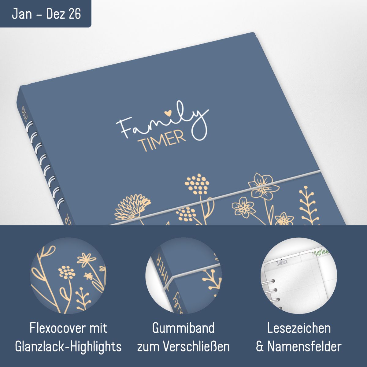 Family-Timer 2026 / A5+ / Fine Flowers Blue / Häfft-Verlag